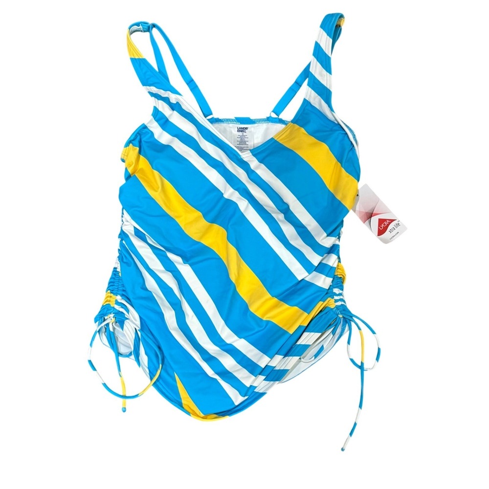NEW Lands End Womens Blue Yellow Striped Tankini Swim Top Adjustable Sides Sz 12